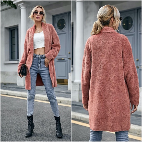 fall camel teddy cozy jacket cardigan open front - Picture 4 of 6